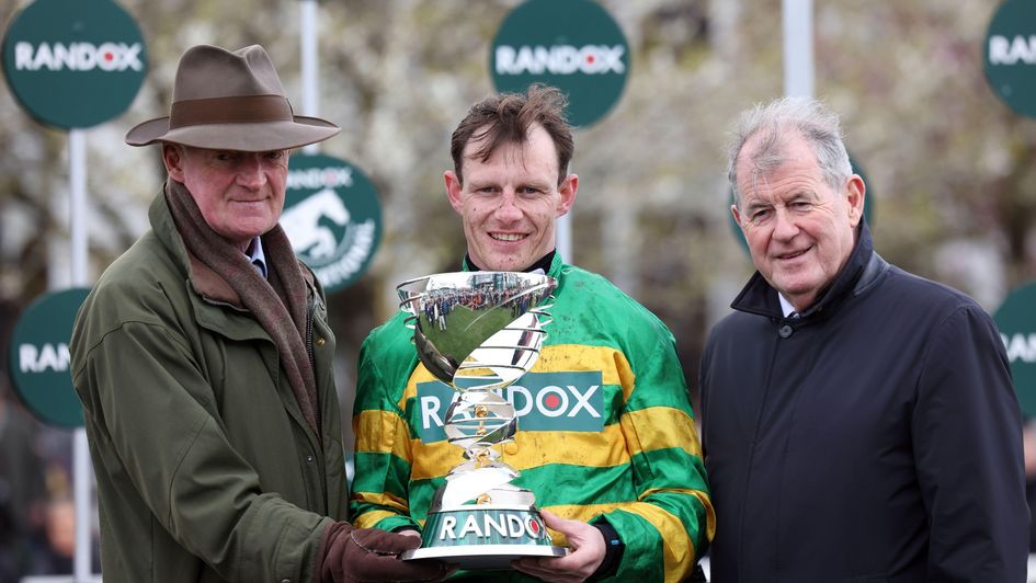 Willie Mullins (left), Paul Townend (centre) and JP McManus celebrate I Am Maximus' second Grand National win