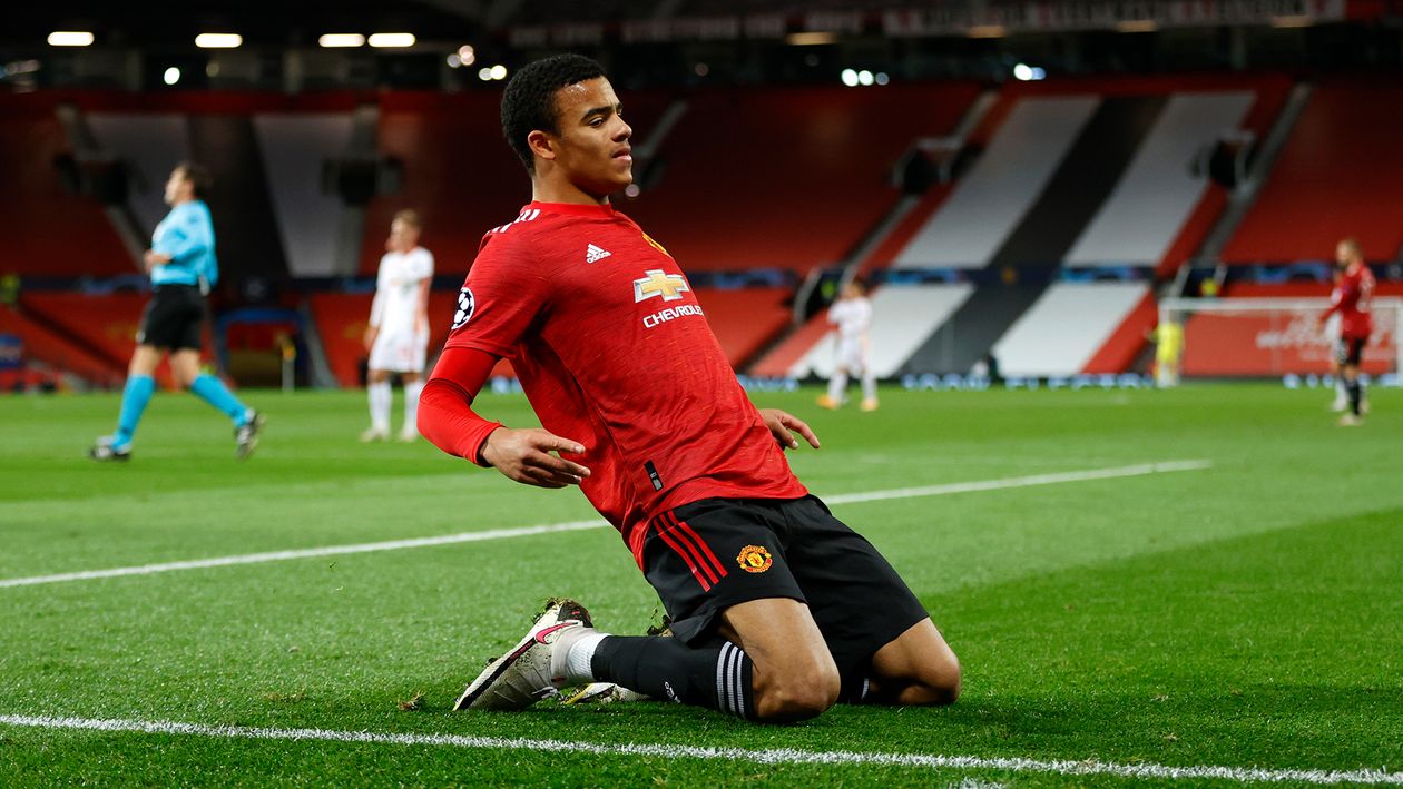 Mason Greenwood celebrates his goal against RB Leipzig