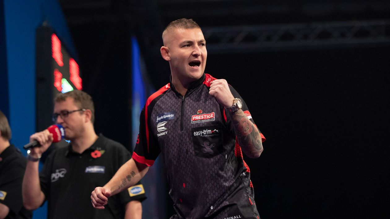 Nathan Aspinall in action in the Grand Slam of Darts