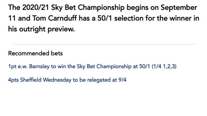 Tom Carnduff's pre-season Sky Bet Championship tips for 20/21