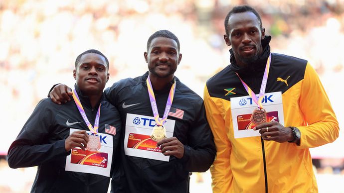 Justin Gatlin receives his gold medal