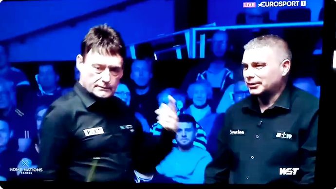 Jimmy White is warned for sticking the finger up at Ben Williams