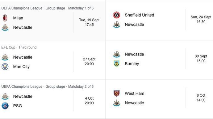 Newcastle fixtures