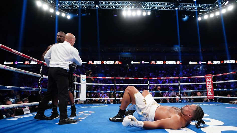 Joe Joyce is knocked down by Dereck Chisora