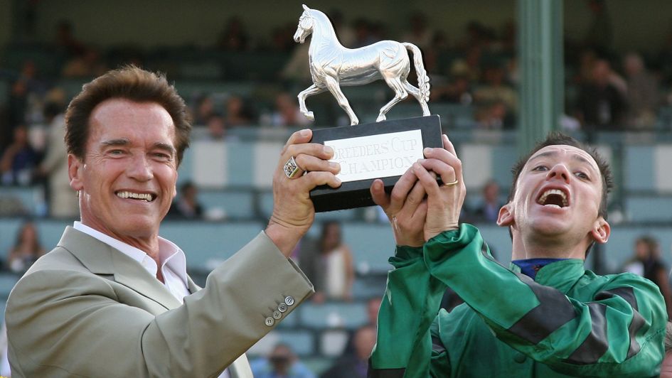 Arnold Schwarzenegger and jockey Frankie Dettori, rider of Raven's Pass