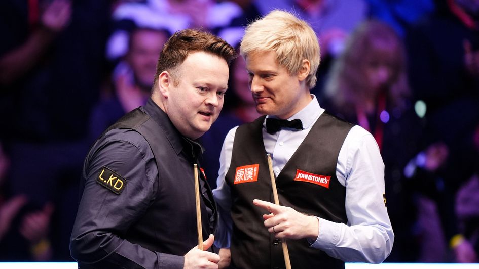 Shaun Murphy and Neil Robertson share a laugh at the end of their quarter-final