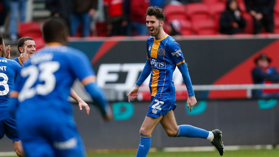 Sean Goss celebrates his goal for Shrewsbury as they hold Sky Bet Championship side Bristol City