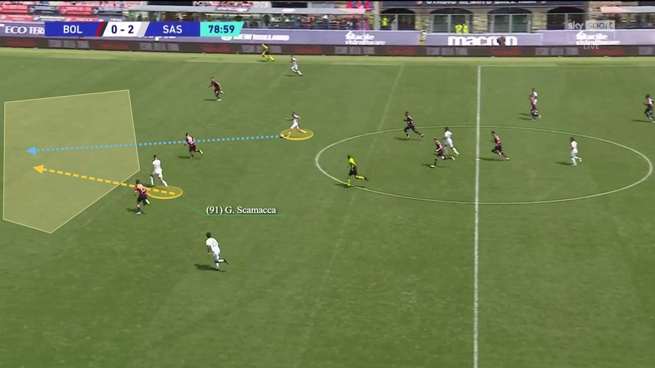 Scamacca - Crafty run in behind between defenders