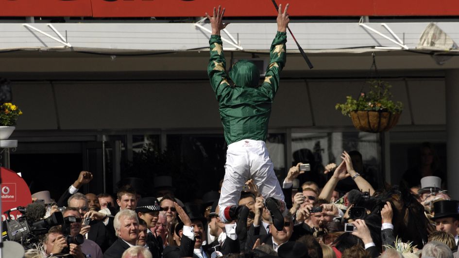 Jumping for joy after Authorized won the Derby