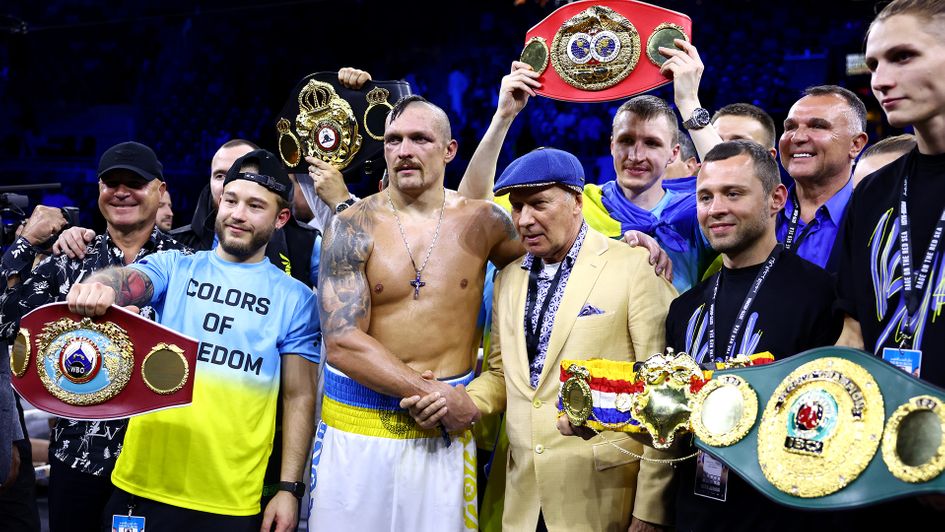 Oleksandr Usyk celebrates beating Anthony Joshua