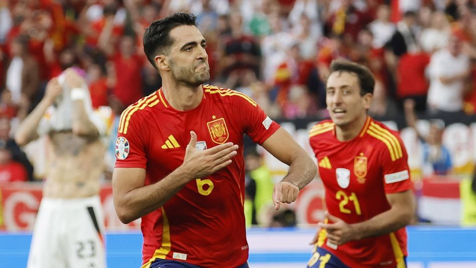 Mikel Merino of Spain celebrates scoring the 2-1 goal during the UEFA EURO 2024 quarter-finals soccer match between Spain and Germany, in Stuttgart