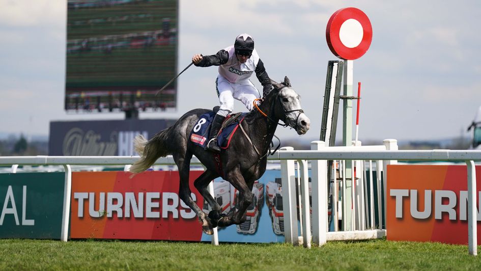 Davy Russell celebrates on Irish Point at Aintree