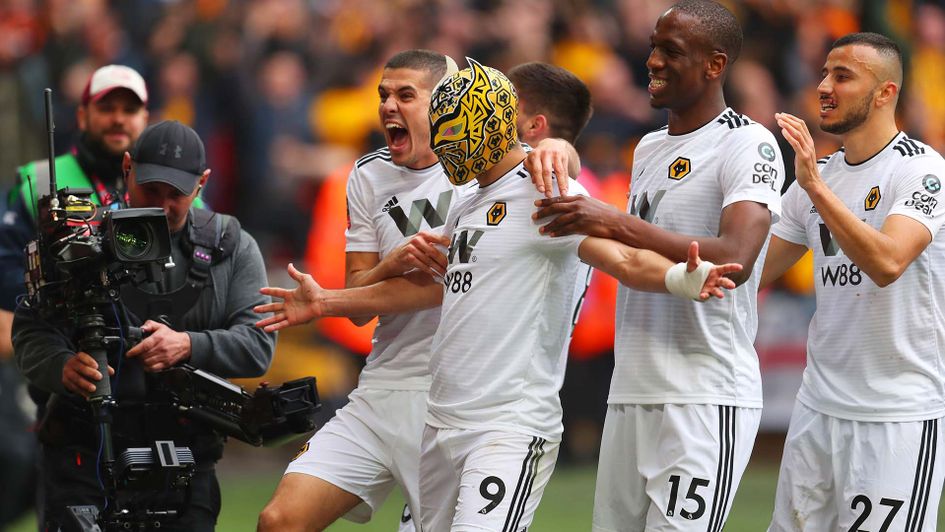 Raul Jimenez celebrates scoring for Wolves at Wembley