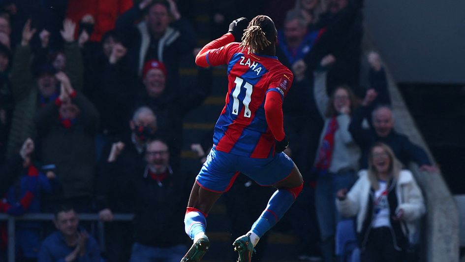 Wilf Zaha celebrates his goal against Everton