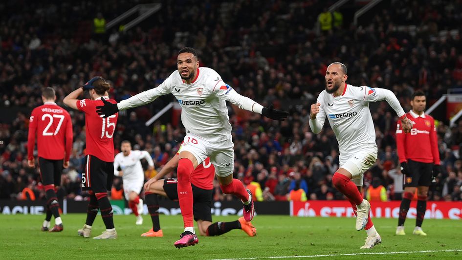 Youssef En-Nesyri celebrates after Sevilla score against Manchester United