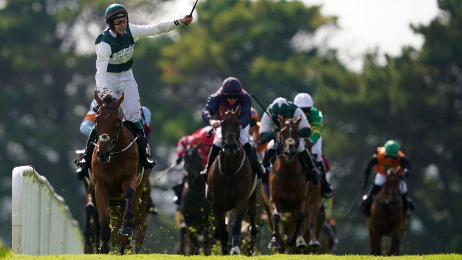 JJ Slevin celebrates as Nurburgring wins the Galway Hurdle