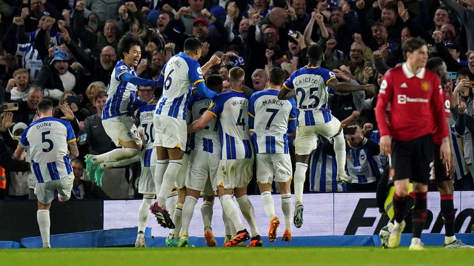 Brighton celebrate their winner against Manchester United