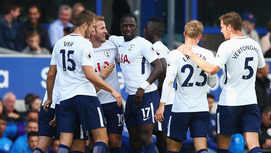 Harry Kane is congratulated after opening the scoring for Spurs