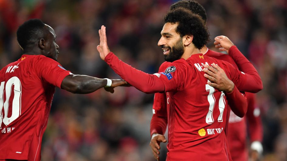 Liverpool celebrate Mo Salah's goal against RB Salzburg in the Champions League