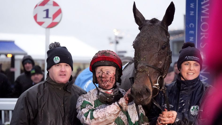 Gordon Elliott and Sam Ewing with The Yellow Clay after his win in an attritional Lawlor's of Naas Novice Hurdle