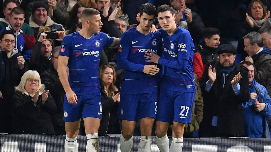 Chelsea players celebrate Alvaro Morata's goal v Nottingham Forest in the FA Cup