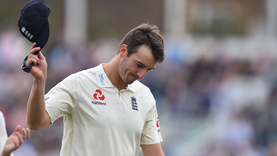 Toby Roland-Jones celebrates a wicket