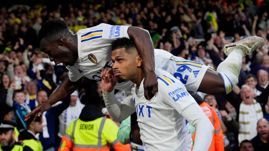 Leeds United's Georginio Rutter celebrates with team-mate Wilfried Gnonto