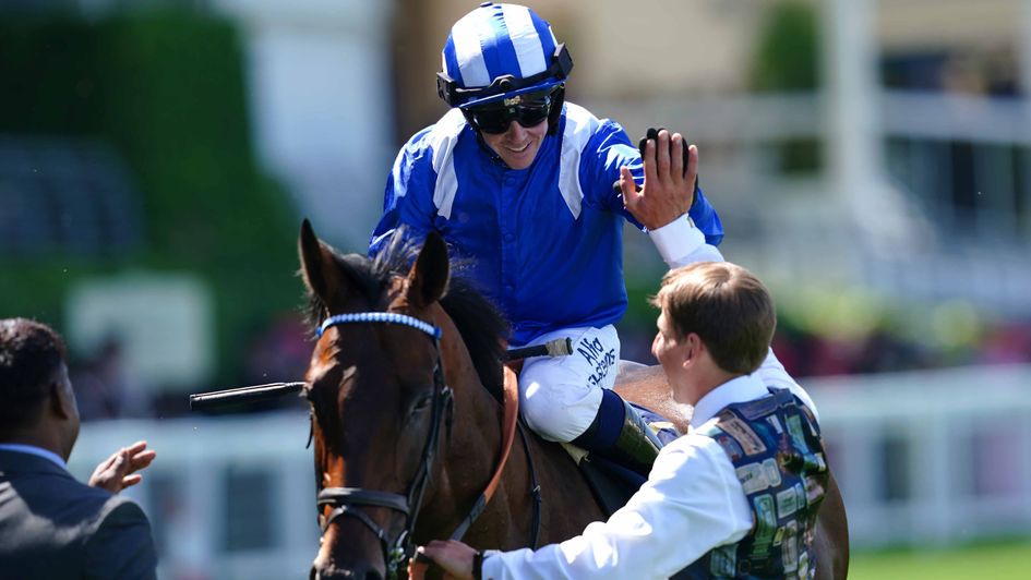 Jim Crowley celebrates Baaeed's Quen Anne win