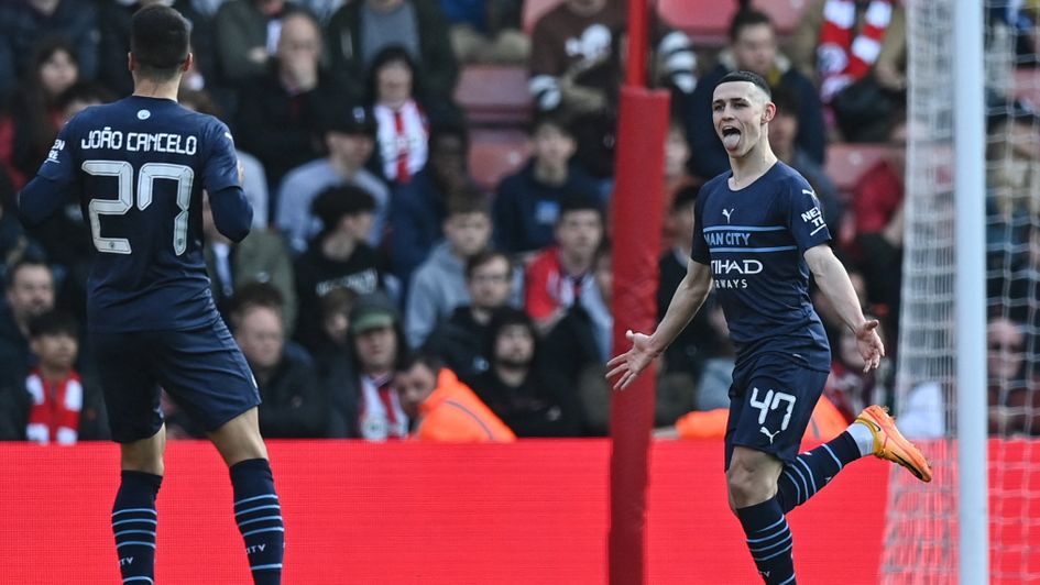 Phil Foden celebrates his stunning strike