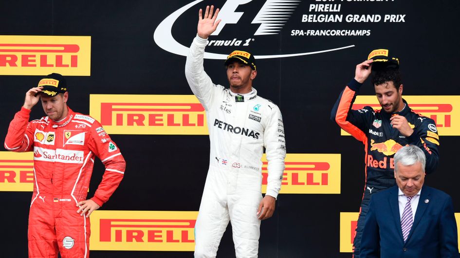 Lewis Hamilton celebrates victory at Spa