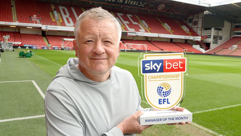 Chris Wilder with the Sky Bet Championship Manager of the Month award for April