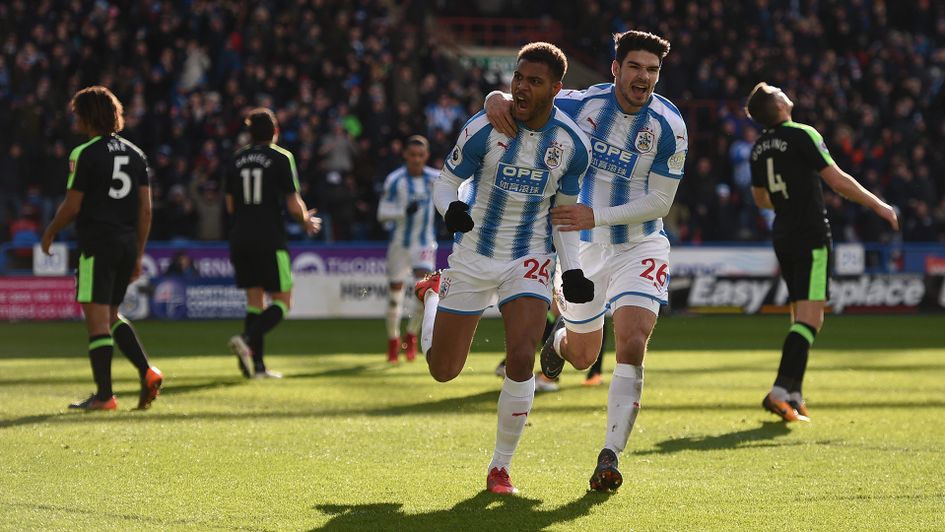 Steve Mounie celebrates his goal against Bournemouth