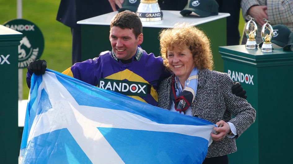 Lucinda Russell and Derek Fox celebrate a Scottish Grand National win