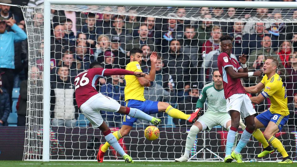 Jonathan Kodjia scores for Aston Villa against Birmingham City at Villa Park