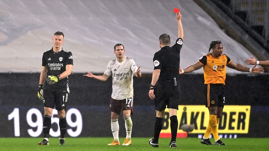 Bernd Leno is shown a red card