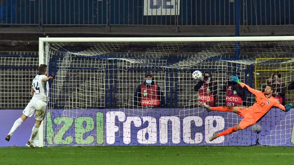 Stuart Dallas scores his penalty against Bosnia