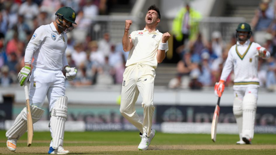 Jimmy Anderson can't hide his joy after picking up Dean Elgar in his first over