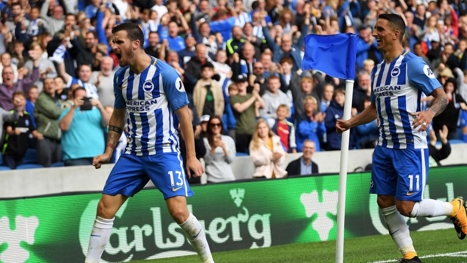 Pascal Gross of Brighton celebrates scoring his side's second goal