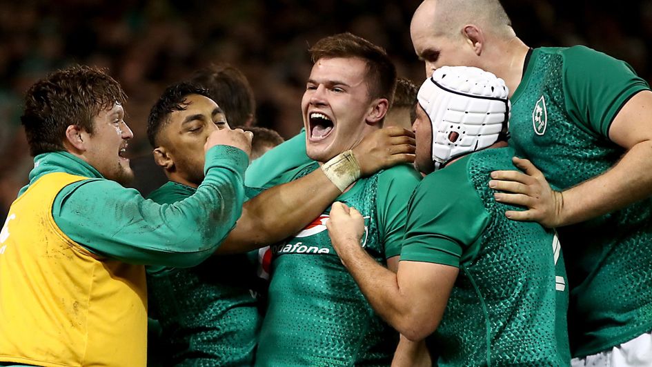 Jacob Stockdale celebrates his match winning try against New Zealand