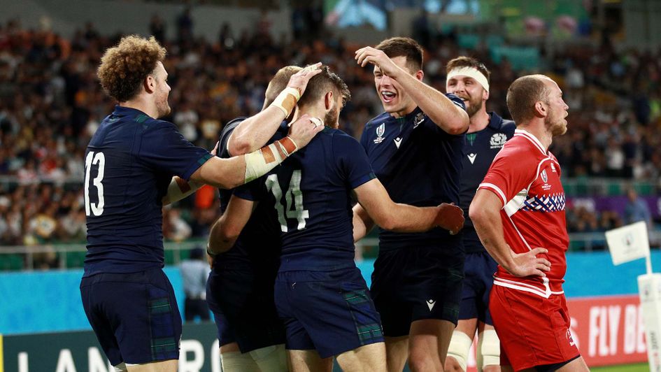 Scotland celebrate beating Russia at the Rugby World Cup
