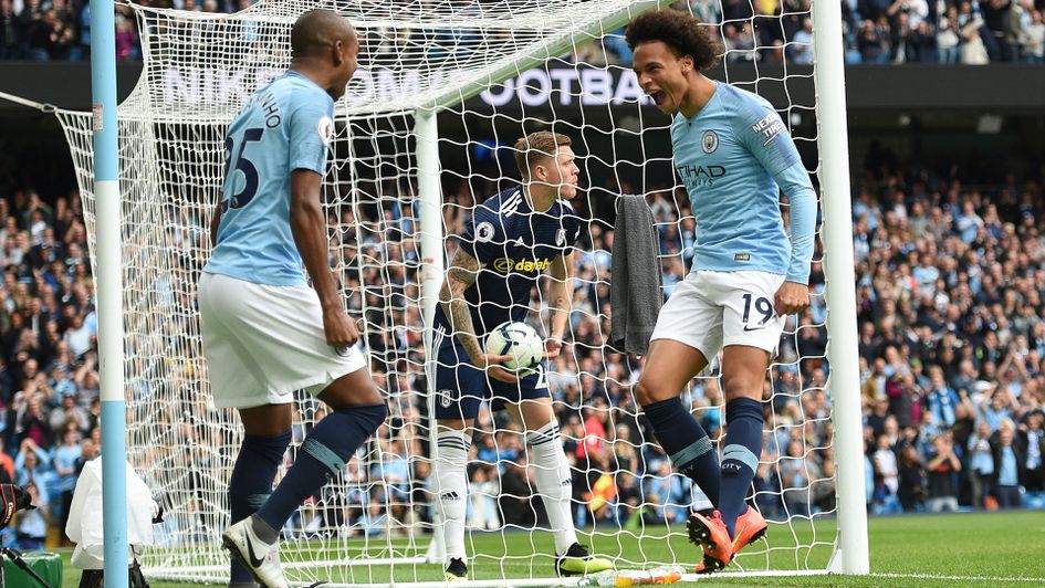 Leroy Sane (right) celebrates his goal against Fulham