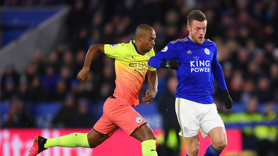 Leicester's Jamie Vardy tries to get in behind the Manchester City defence