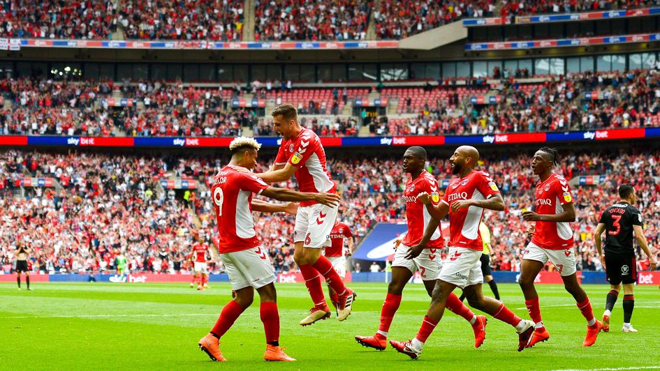 Charlton celebrate Ben Purrington's goal in the Sky Bet League One play-off final