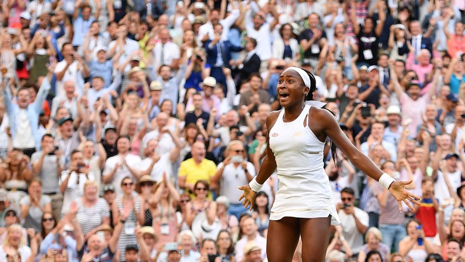 Coco Gauff celebrates at Wimbledon