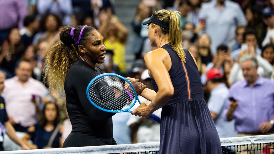 Serena Williams shakes hands with Maria Sharapova after her victory in the first round of the US Open