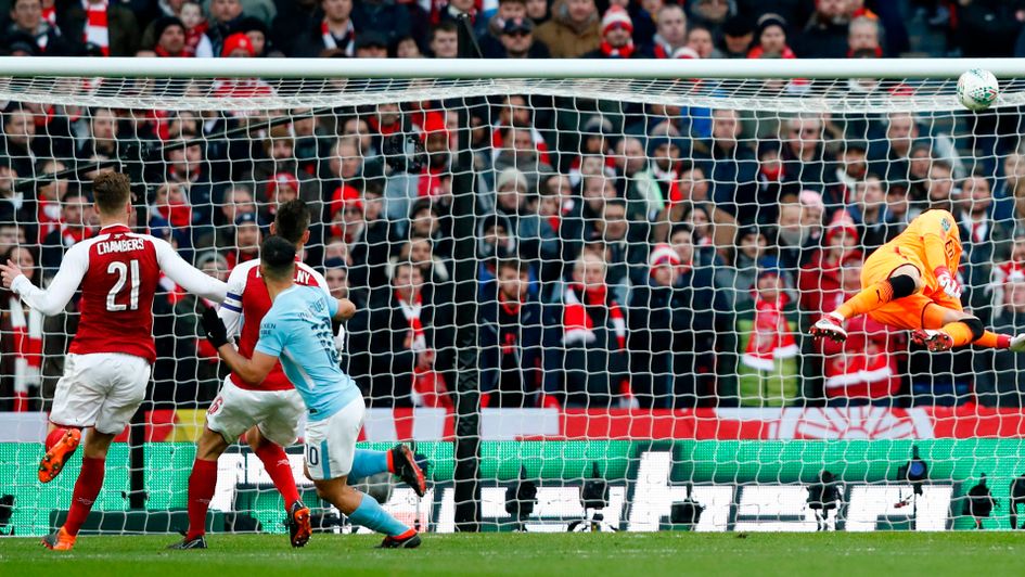 Sergio Aguero scores at Wembley