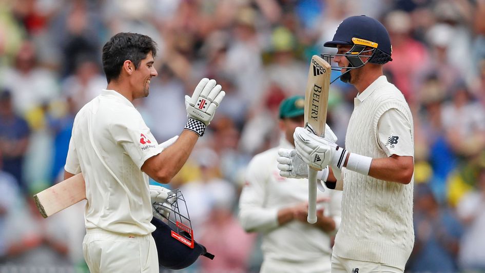 Alastair Cook celebrates his 200 with Stuart Broad