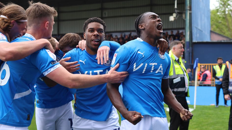 Isaac Olaofe celebrates his winner for Stockport
