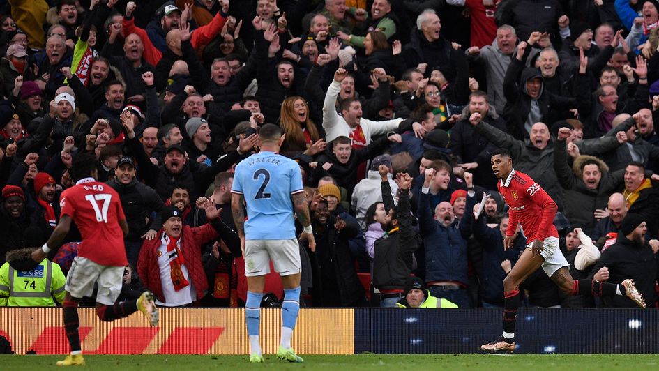 Marcus Rashford celebrates his winner against Manchester City