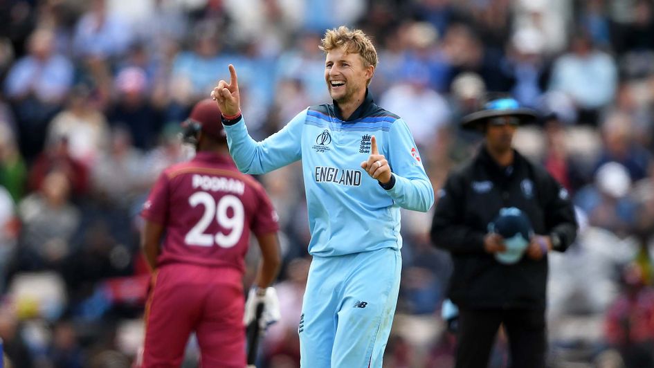 Joe Root celebrates taking a wicket for England in the World Cup